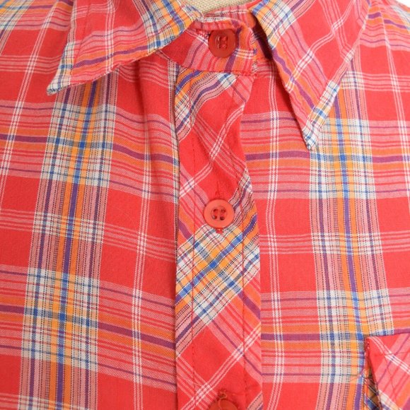 vintage 70s top red plaid print western button up shirt blouse soft thin S - Picture 3 of 6